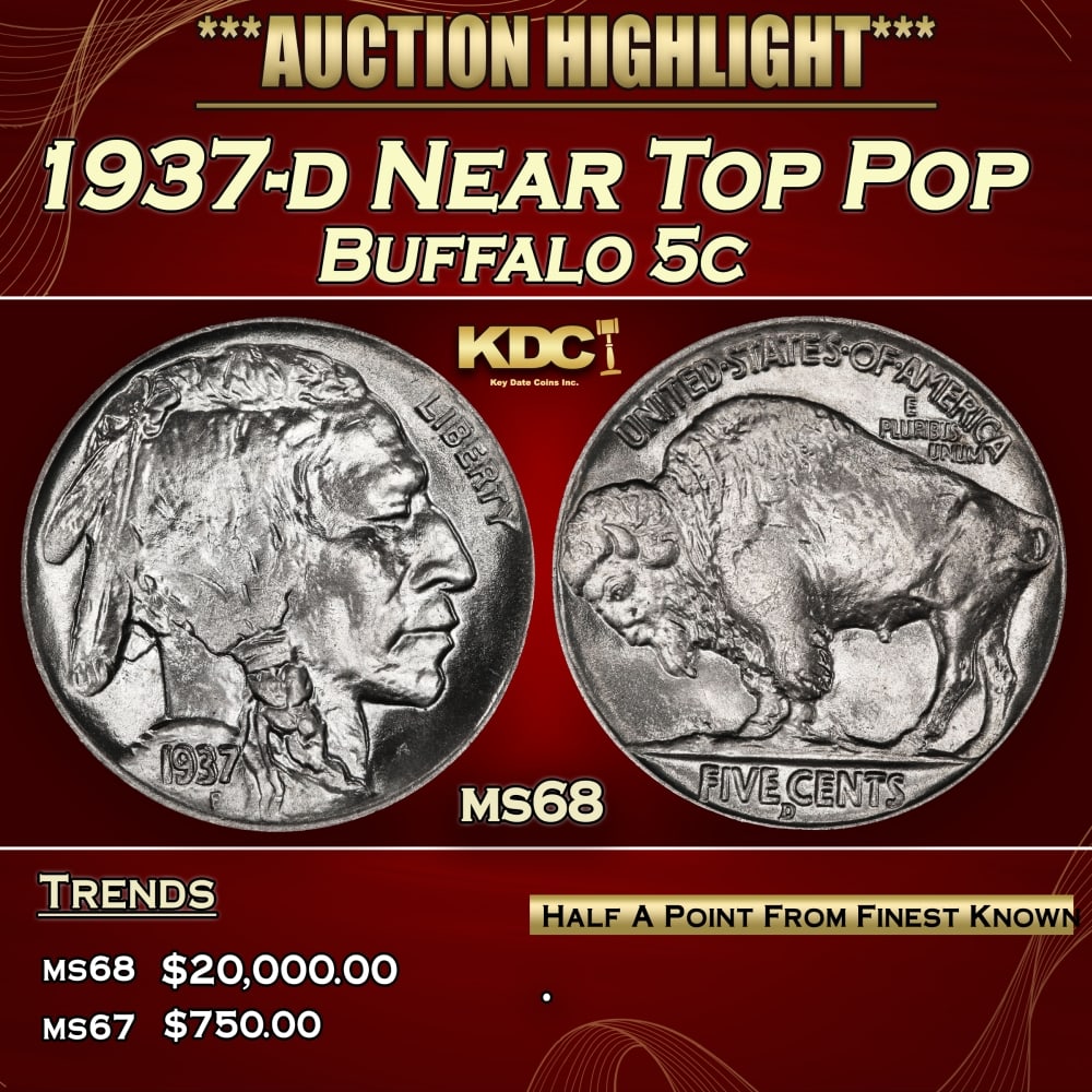 1937-d Buffalo Nickel Near Top Pop 5c ms68 SEGS: 1937-d Near Top Pop Buffalo Nickel 5c ms68 SEGS.