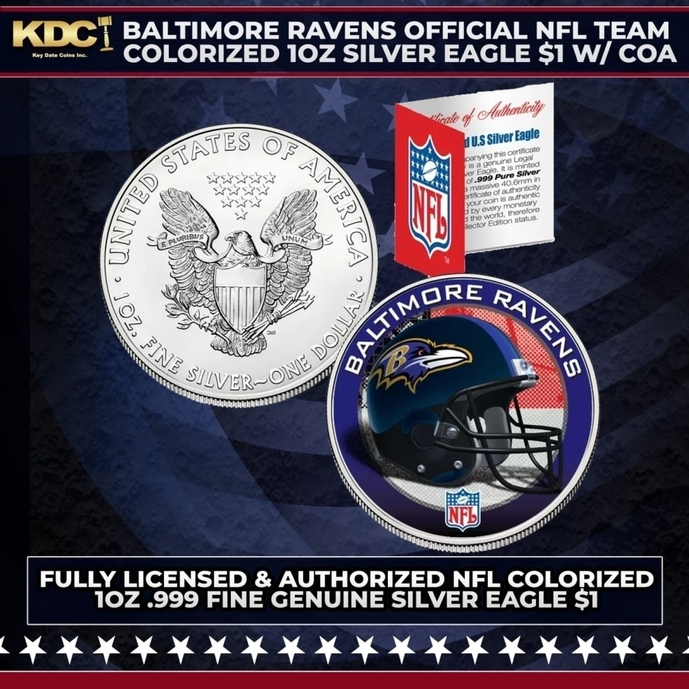 Baltimore Ravens Official NFL Team Colorized 1oz Silver Eagle $1 w/ COA Other Toy: Baltimore Ravens Official NFL Team Colorized 1oz Silver Eagle $1 w/ COA. This is your chance to own a fully licensed & authorized NFL colorized .999 Fine Silver Eagle $1 coin, beautifully enhanced wit