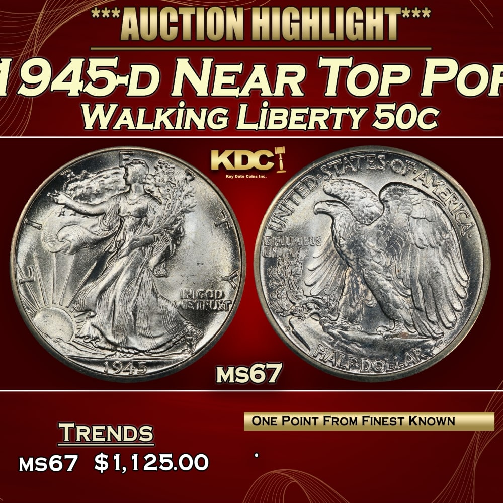 1945-d Walking Liberty Half Dollar Near Top Pop 50c ms67 SEGS: 1945-d Near Top Pop Walking Liberty Half Dollar 50c ms67 SEGS.