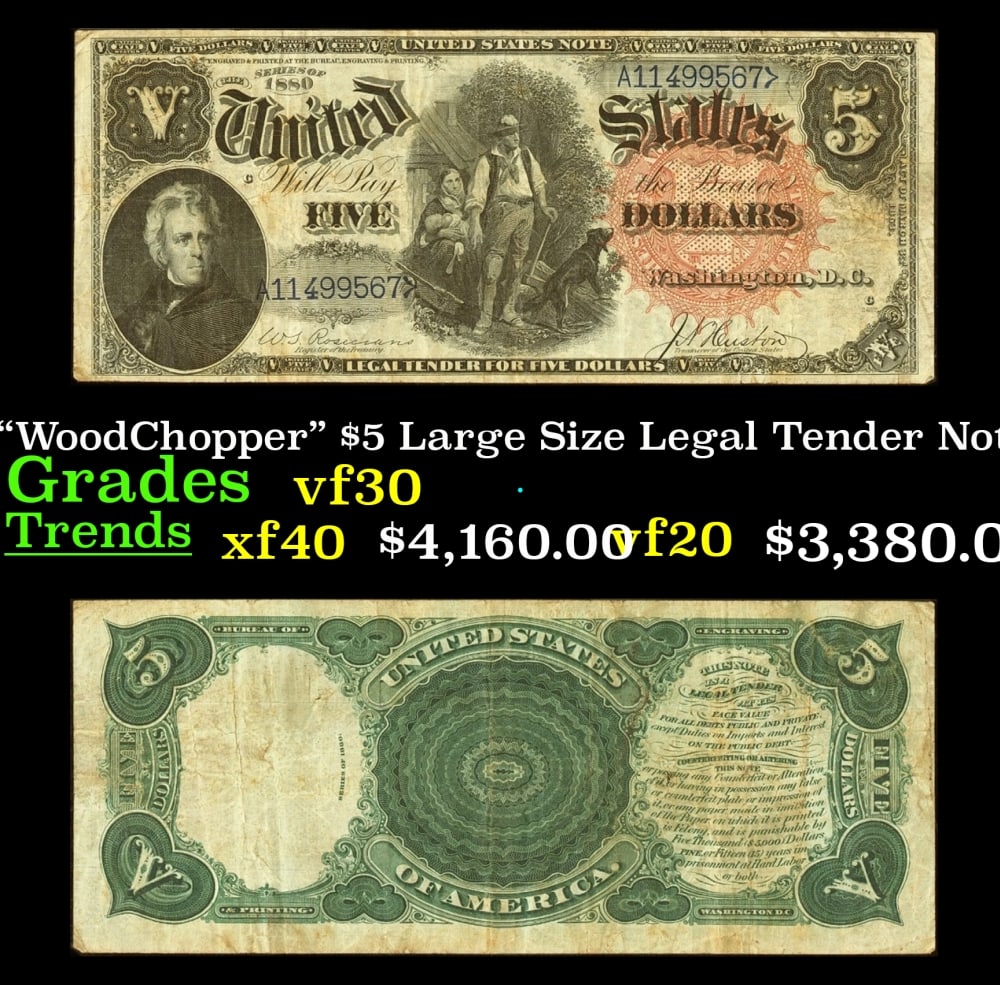 1880 $5 Large Size Legal Tender Note "WoodChopper" Grades vf++ Fr-76 (1 of 3)