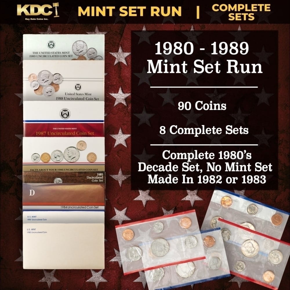 1980-1989 Full Decade Mint Set Run - 96 Coins, 8 Complete Sets: 1980-1989 Full Decade Mint Set Run - 96 Coins, 8 Complete Sets. 1980-1989 Full Decade Mint Set Run - 96 Coins, 8 Complete Sets. The 1980 and 1981 mint sets included three Susan B Anthony Dollars with 