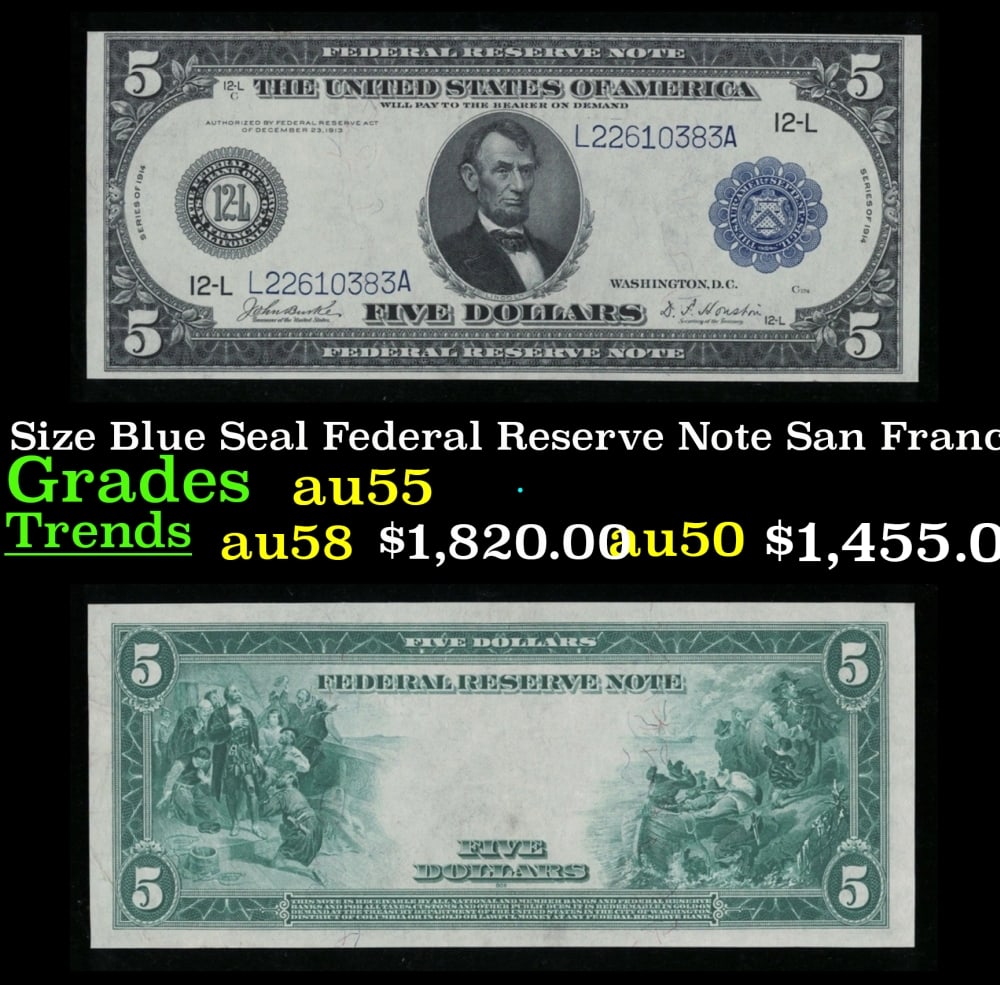 1914 $5 Large Size Blue Seal Federal Reserve Note San Francisco, CA Grades Choice AU FR-890: 1914 $5 Large Size Blue Seal Federal Reserve Note San Francisco, CA Grades Choice AU FR-890. Despite having 1913 written on them, these are actually from the series of 1914, as it says on the right an