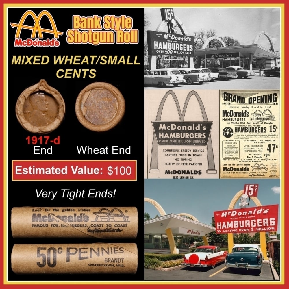 Lincoln Wheat Cent 1c Mixed Roll Orig Brandt McDonalds Wrapper, 1917-d end, Wheat other end: Lincoln Wheat Cent 1c Mixed Roll Orig Brandt McDonalds Wrapper, 1917-d end, Wheat other end. Lincoln Wheat Cent 1c mixed original Shotgun Roll. Actual roll pictured is the roll you will get. A great o