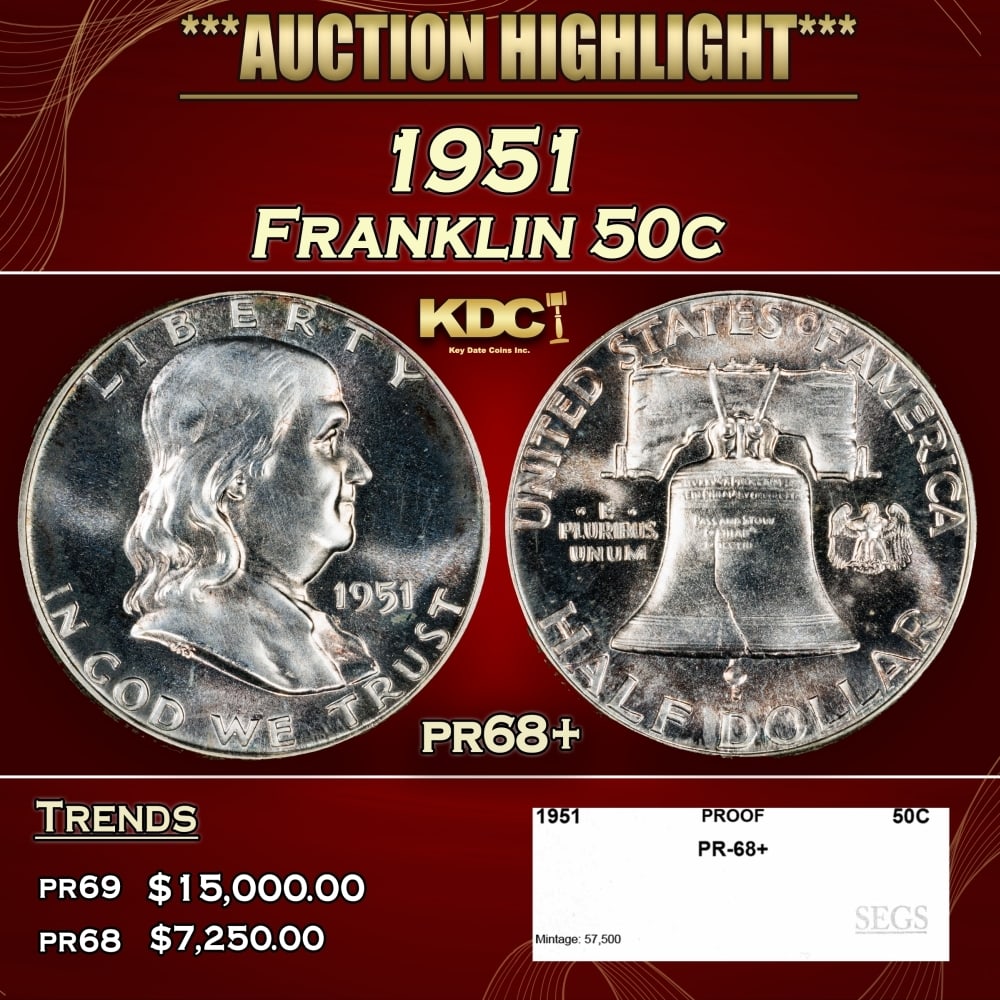 1951 Proof Franklin Half Dollar 50c pr68+ SEGS (1 of 4)
