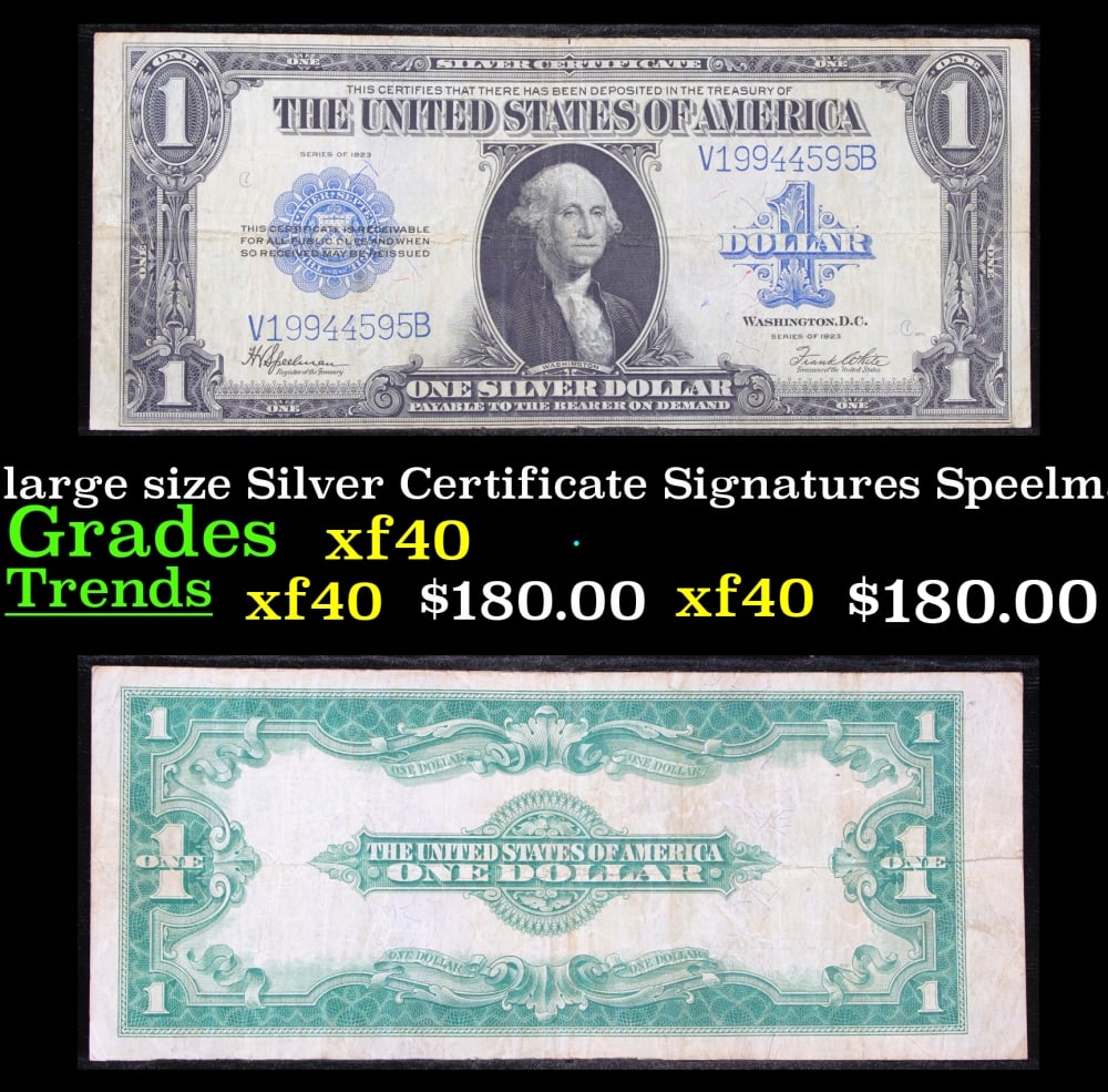 1923 $1 large size Silver Certificate Grades xf Signatures Speelman/White: 1923 $1 large size Silver Certificate Grades xf Signatures Speelman/White. Fr-237 The term “horse blanket” gets used a lot when talking about large size currency. It is most frequently used to