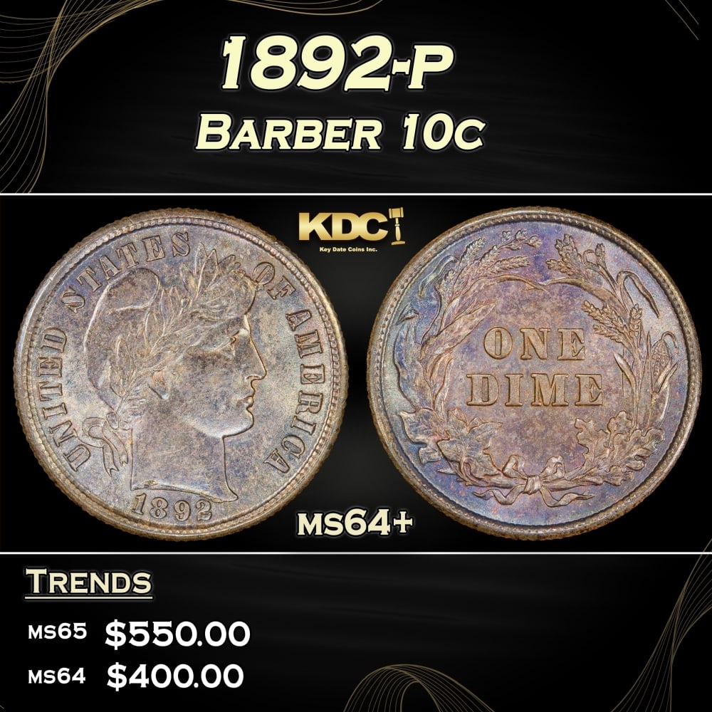 1892-p Barber Dime 10c Grades ms64+ (1 of 3)