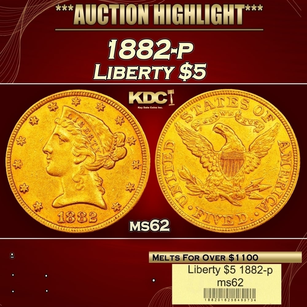 1882-p Gold Liberty Half Eagle $5 ms62 USCG (1 of 4)