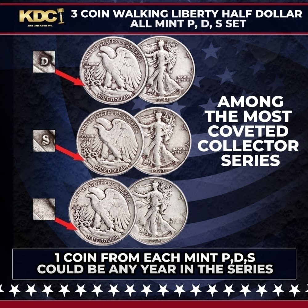 3 Coin Walking Liberty Half Dollar 50c All Mint P,D,S Set Random Year: 3 Coin Walking Liberty Half Dollar 50c All Mint P,D,S Set Random Year. Considered by many to be America's most beautiful silver coins, Liberty Walking half dollars of 1916 to 1947 are among the most c