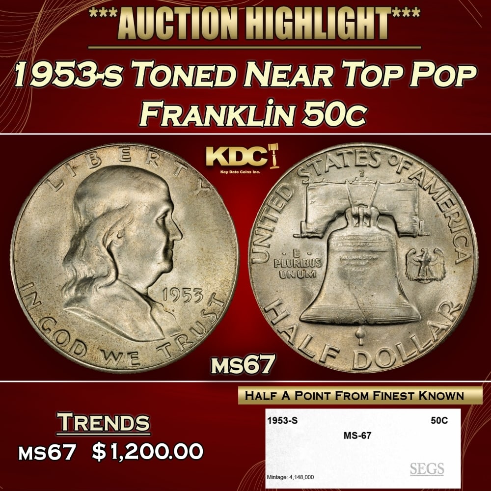 1953-s Franklin Half Dollar Toned Near Top Pop 50c ms67 SEGS (1 of 4)