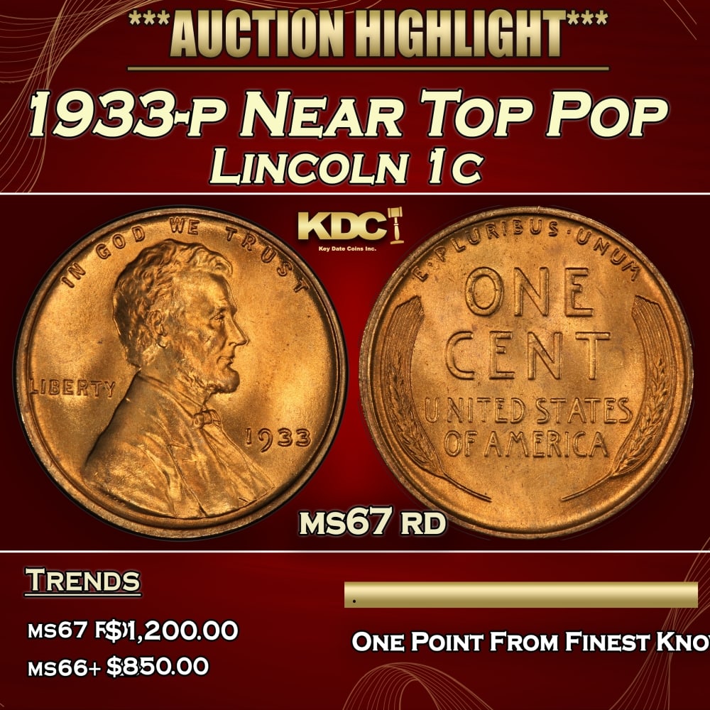 1933-p Lincoln Cent Near Top Pop 1c ms67 rd SEGS (1 of 3)