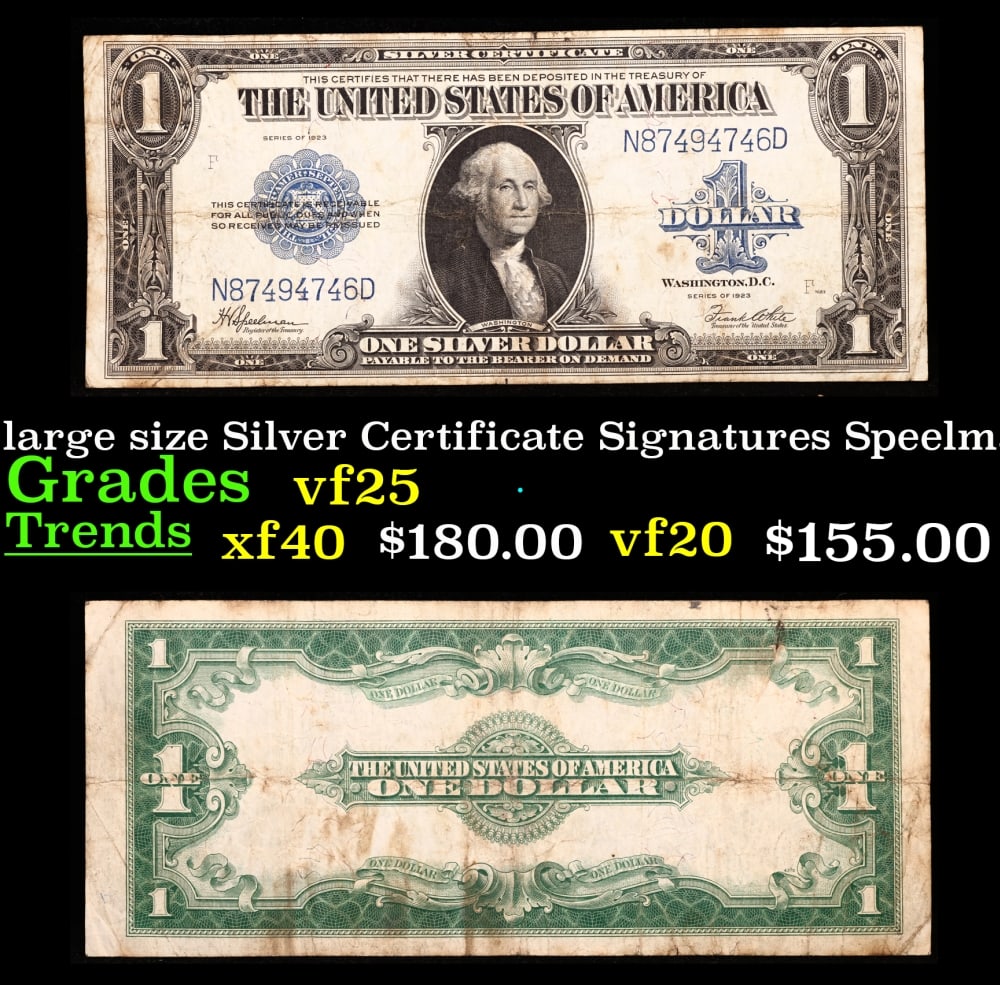 1923 $1 large size Silver Certificate Grades vf+ Signatures Speelman/White: 1923 $1 large size Silver Certificate Grades vf+ Signatures Speelman/White. Fr-237 The term “horse blanket” gets used a lot when talking about large size currency. It is most frequently used t
