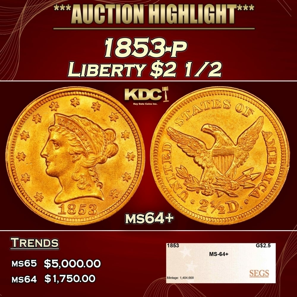 1853-p Gold Liberty Quarter Eagle $2 1/2 ms64+ SEGS: 1853-p Gold Liberty Quarter Eagle $2 1/2 ms64+ SEGS. 0