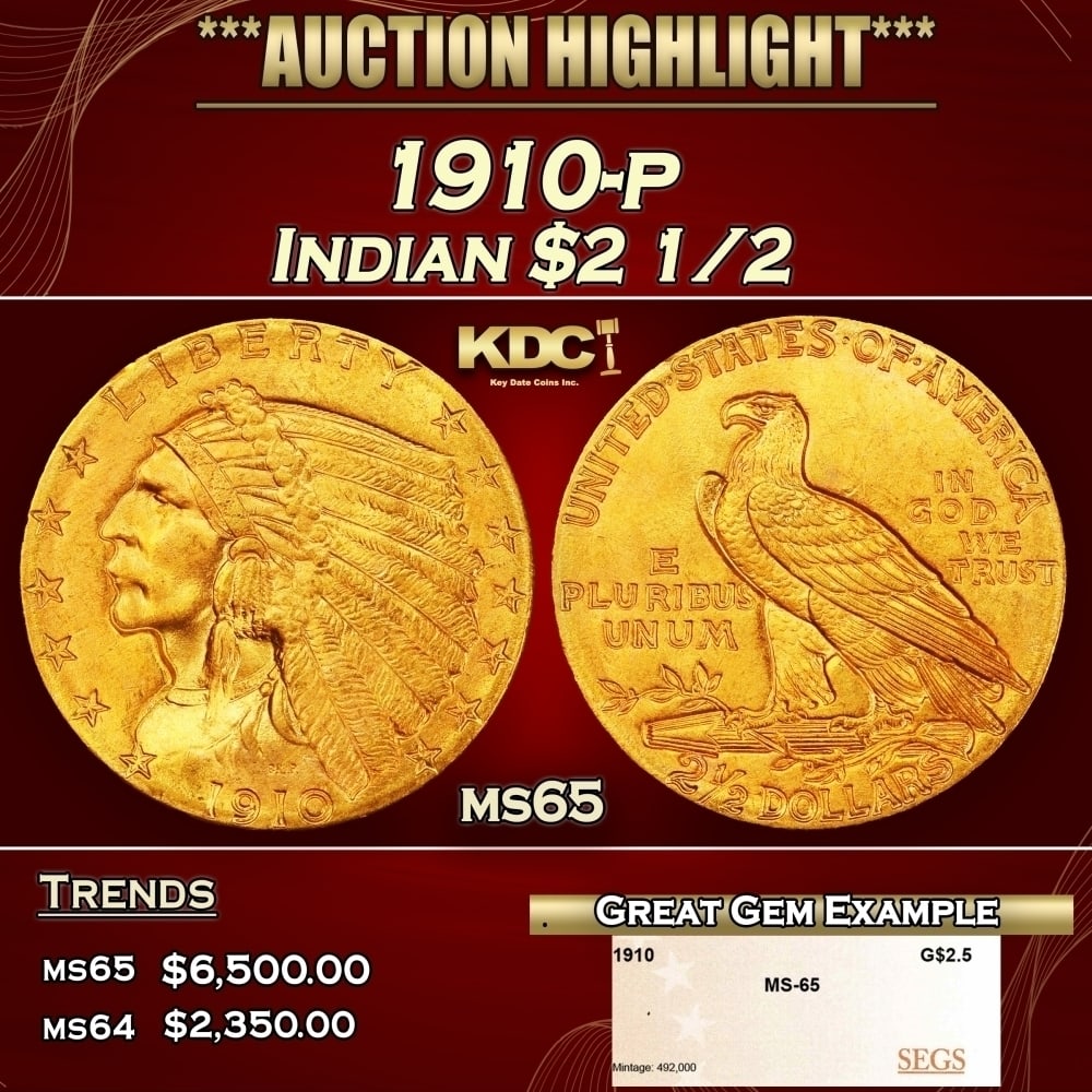 1910-p Gold Indian Quarter Eagle $2 1/2 ms65 SEGS: 1910-p Gold Indian Quarter Eagle $2 1/2 ms65 SEGS. Historic precious metal trends is causing increased spot pricing by the day. On auctions with set openings, we are doing our best to have items price