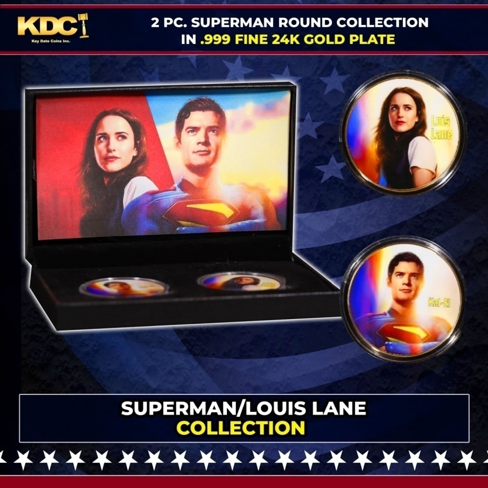 2 Coin Superman & Louis Lane, James Gunn Gold Plated Round Collection In Custom Box W/ Special: 2 Coin Superman & Louis Lane, James Gunn Gold Plated Round Collection In Custom Box W/ Special Backer card. Please Note All Backer Cards may have slight differences but will be very similar if not ide