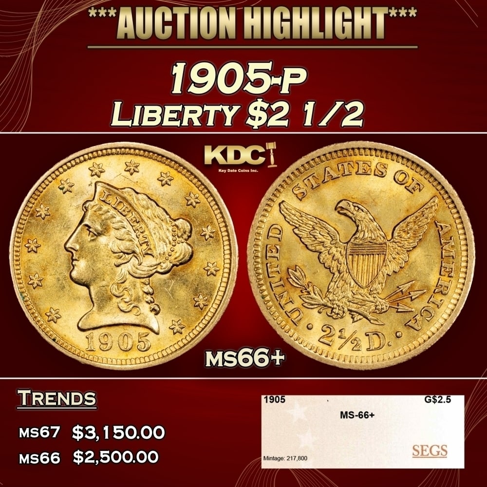 1905-p Gold Liberty Quarter Eagle $2 1/2 ms66+ SEGS: 1905-p Gold Liberty Quarter Eagle $2 1/2 ms66+ SEGS. 0
