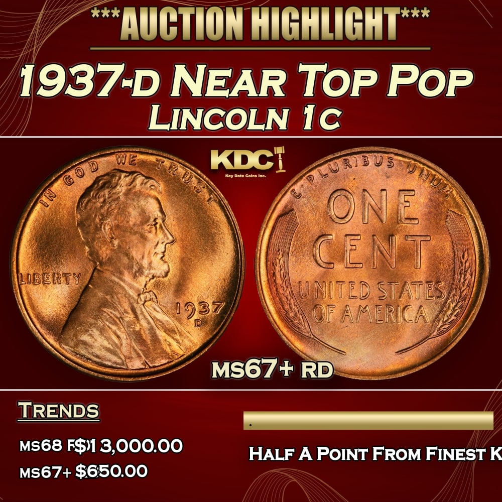 1937-d Lincoln Cent Near Top Pop 1c ms67+ rd SEGS: 1937-d Near Top Pop Lincoln Cent 1c ms67+ rd SEGS. 0
