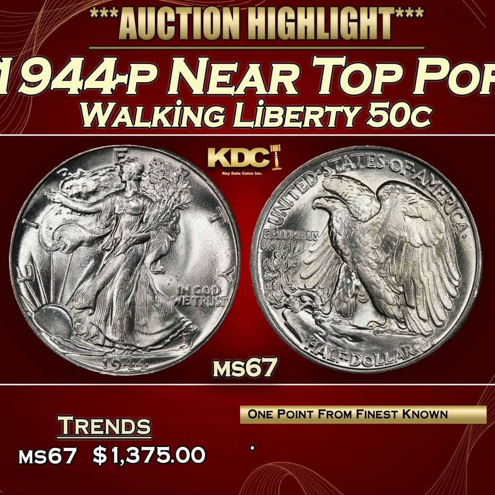 1944-p Walking Liberty Half Dollar Near Top Pop 50c ms67 SEGS: 1944-p Near Top Pop Walking Liberty Half Dollar 50c ms67 SEGS.
