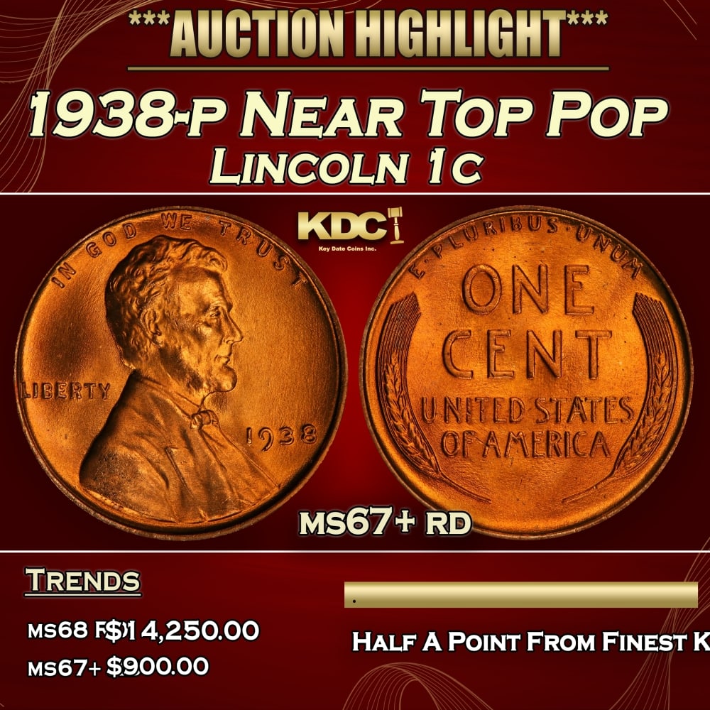 1938-p Lincoln Cent Near Top Pop 1c ms67+ rd SEGS: 1938-p Near Top Pop Lincoln Cent 1c ms67+ rd SEGS. 0