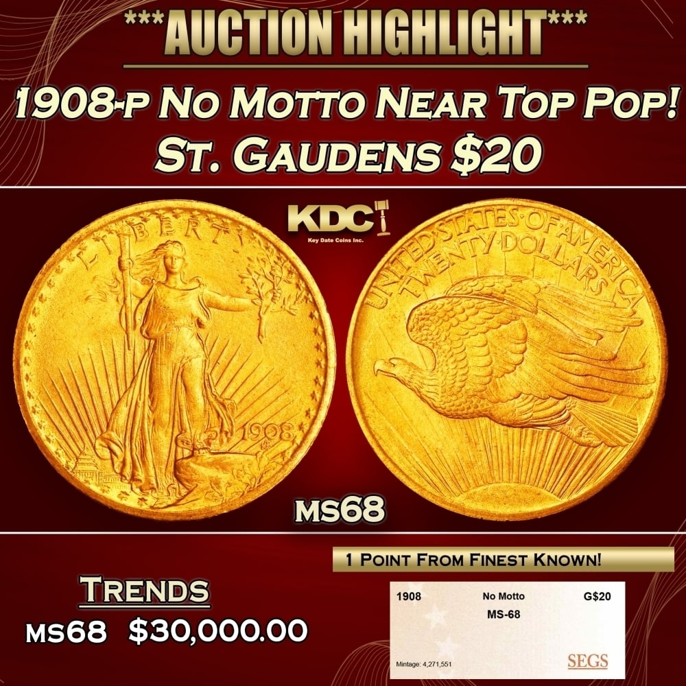 1908-p No Motto Gold St. Gaudens Double Eagle Near Top Pop! $20 ms68 SEGS (1 of 4)