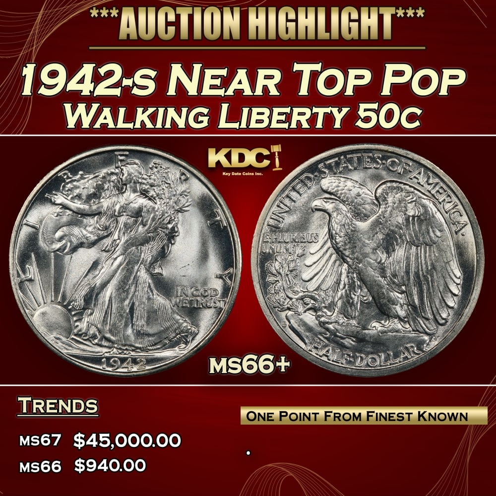 1942-s Walking Liberty Half Dollar Near Top Pop 50c ms66+ SEGS: 1942-s Near Top Pop Walking Liberty Half Dollar 50c ms66+ SEGS.