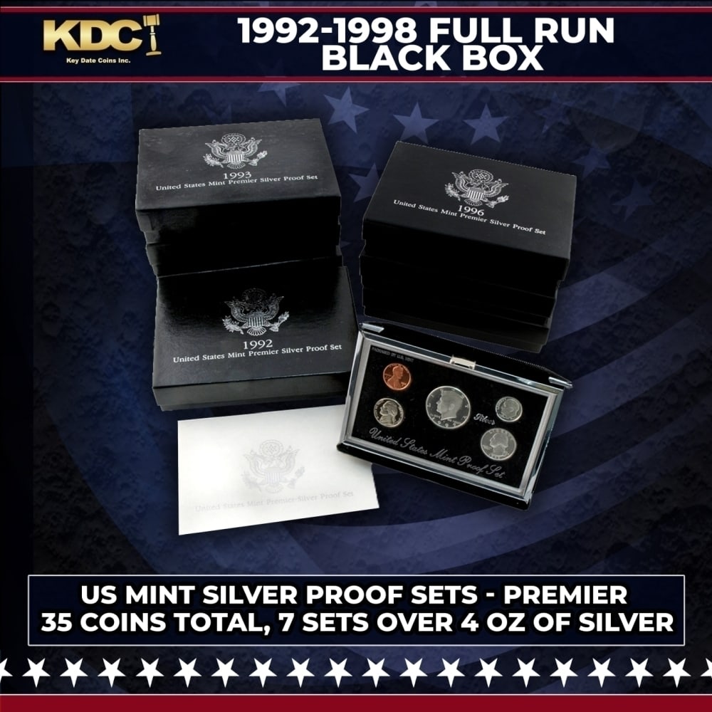 1992-1998 Full Run US Mint Premier Silver Proof Sets - 35 Coins Total, 7 Sets Over 4oz Of Pure: 1992-1998 Full Run US Mint Premier Silver Proof Sets - 35 Coins Total, 7 Sets Over 4oz Of Pure Silver. Premier Silver Prood Sets include the same coins as standard Silver Proof Sets, but packaged in a