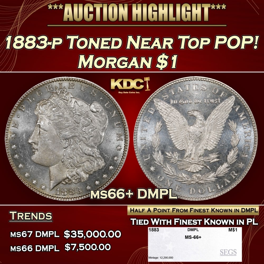 1883-p Morgan Dollar Toned Near Top POP! $1 ms66+ DMPL SEGS: 1883-p Toned Near Top POP! Morgan Dollar $1 ms66+ DMPL SEGS. 0