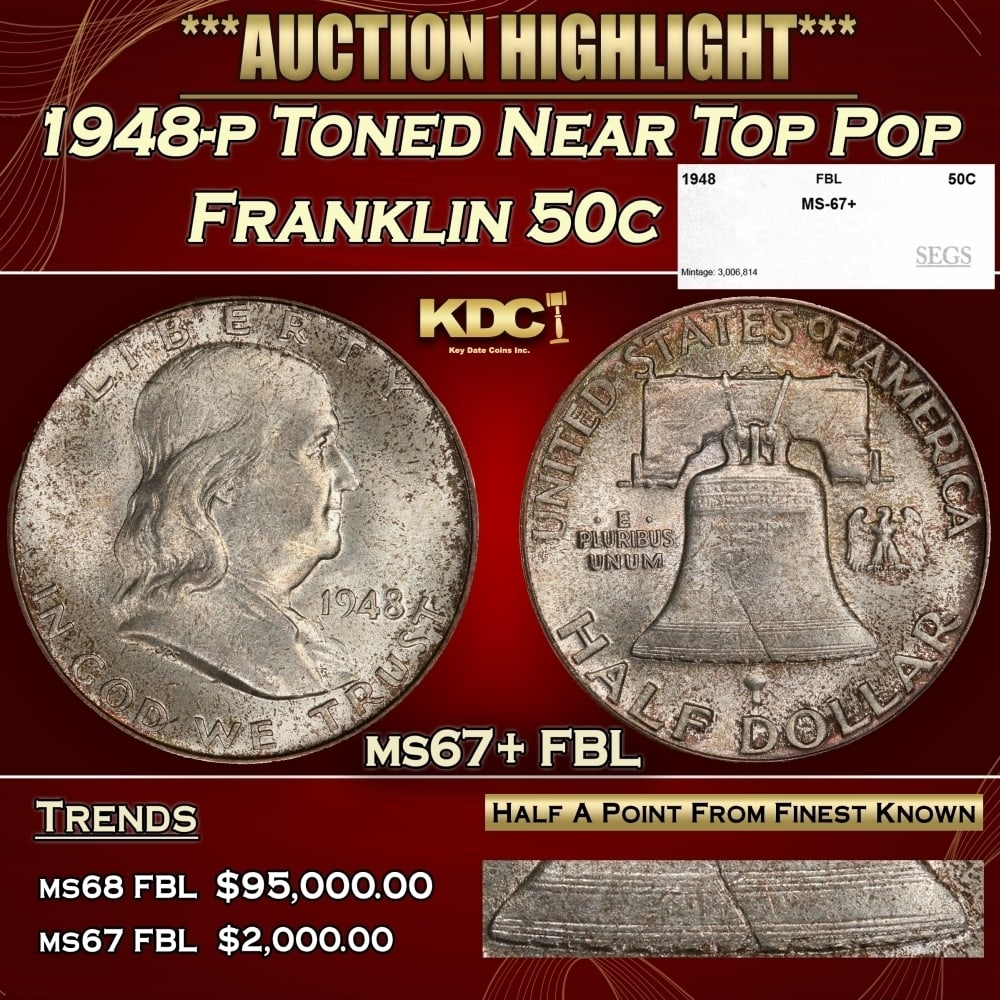 1948-p Franklin Half Dollar Toned Near Top Pop 50c ms67+ FBL SEGS: 1948-p Toned Near Top Pop Franklin Half Dollar 50c ms67+ FBL SEGS. 0