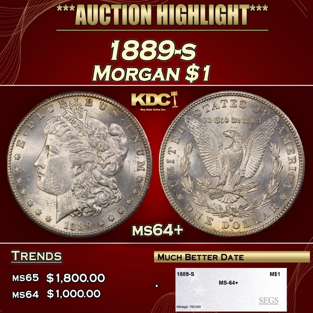 1889-s Morgan Dollar $1 ms64+ SEGS: 1889-s Morgan Dollar $1 ms64+ SEGS. 0