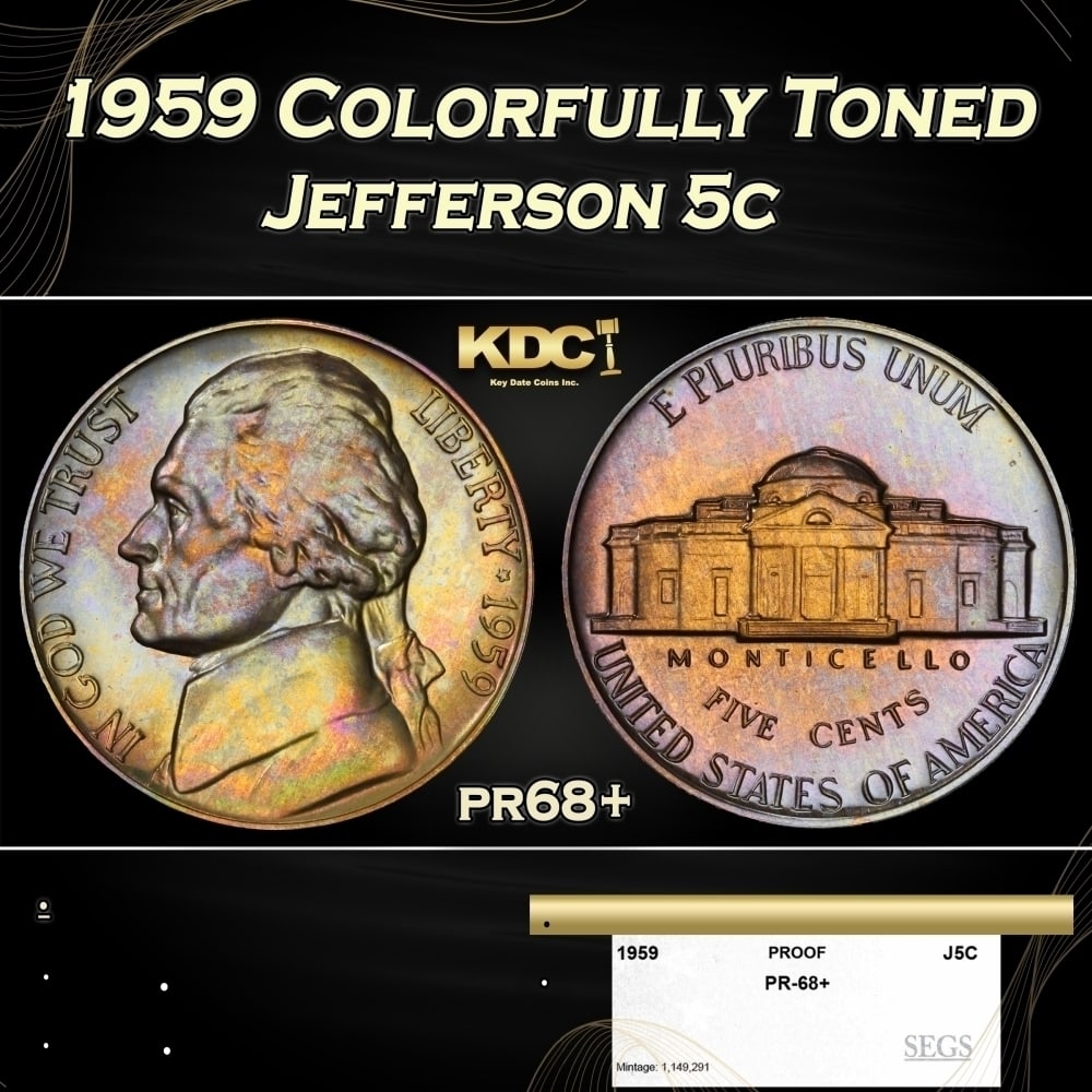 1959 Proof Jefferson Nickel Colorfully Toned 5c pr68+ SEGS: 1959 Colorfully Toned Jefferson Nickel 5c pr68+ SEGS. 0