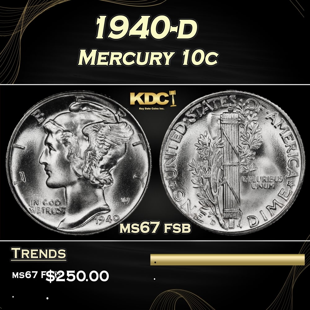 1940-d Mercury Dime 10c ms67 fsb SEGS: 1940-d Mercury Dime 10c ms67 fsb SEGS.