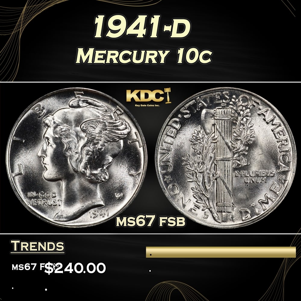 1941-d Mercury Dime 10c ms67 fsb SEGS: 1941-d Mercury Dime 10c ms67 fsb SEGS.