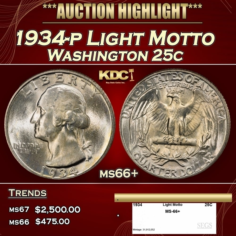 1934-p Washington Quarter Light Motto 25c ms66+ SEGS: 1934-p Light Motto Washington Quarter 25c ms66+ SEGS. 0