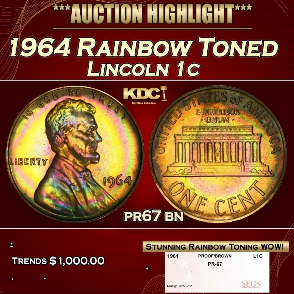 1964 Proof Lincoln Cent Rainbow Toned 1c pr67 bn SEGS: 1964 Rainbow Toned Lincoln Cent 1c pr67 bn SEGS. A Key Date's Pick, Bid to Win, Don't let it get Away, you might not find its equal Coin. I give this coin my highest recommendation