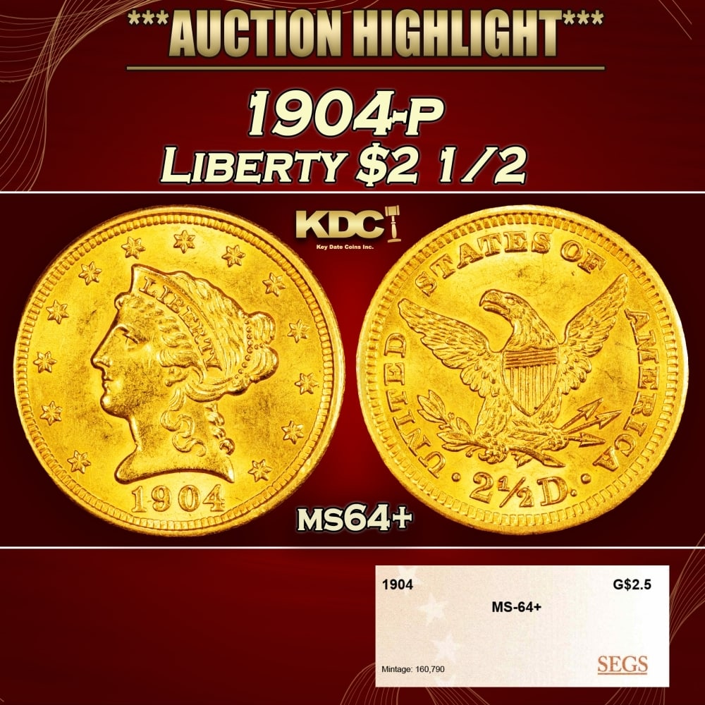 1904-p Gold Liberty Quarter Eagle $2 1/2 ms64+ SEGS: 1904-p Gold Liberty Quarter Eagle $2 1/2 ms64+ SEGS. 0