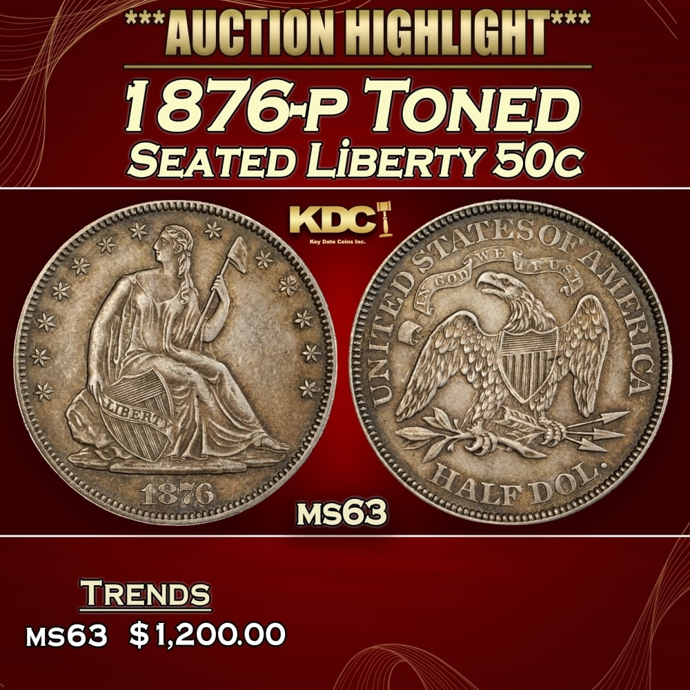 1876-p Seated Half Dollar Toned 50c ms63 USCG: 1876-p Toned Seated Half Dollar 50c ms63 USCG. 0