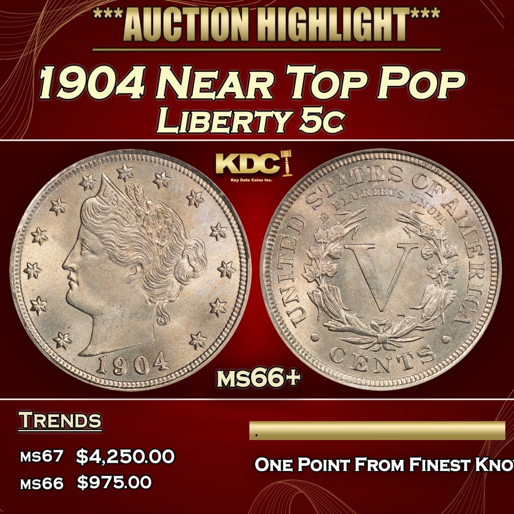 1904 Liberty Nickel Near Top Pop 5c ms66+ SEGS: 1904 Near Top Pop Liberty Nickel 5c ms66+ SEGS. 0