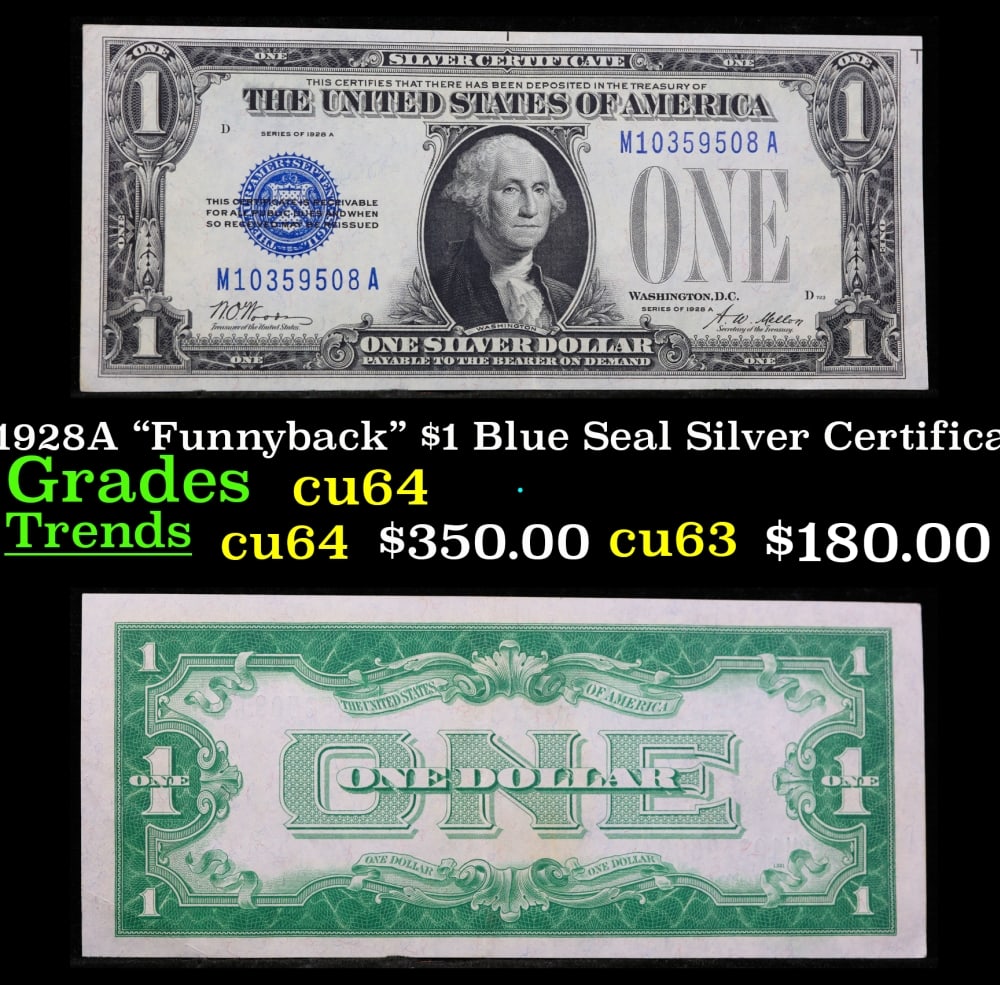 1928A $1 Blue Seal Silver Certificate "Funnyback" Grades Choice CU: 1928A $1 Blue Seal Silver Certificate "Funnyback" Grades Choice CU. FR-1601 Signatures Woods-Mellon These were the first notes to be called funnybacks. The reason they are called funnybacks is because