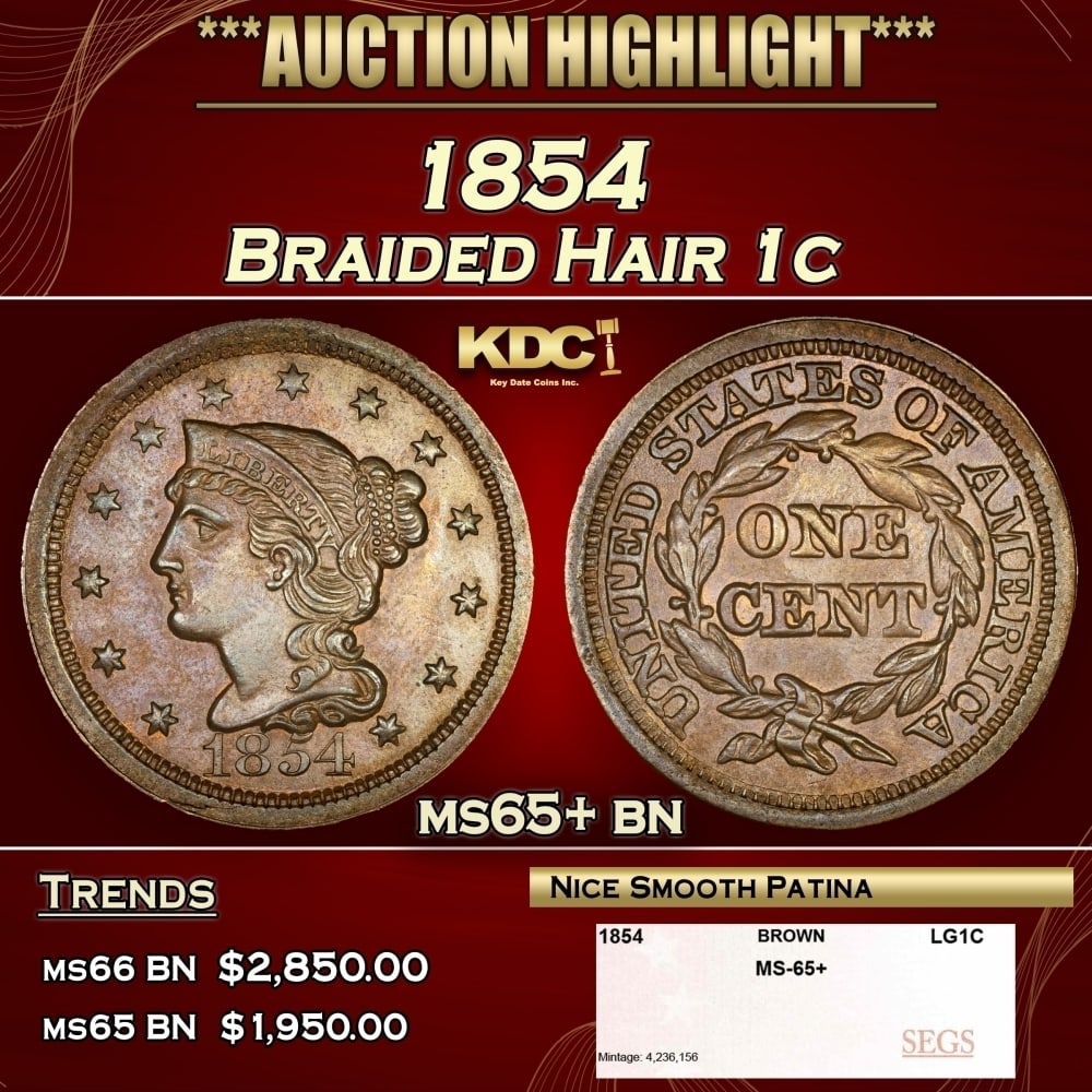 1854 Braided Hair Large Cent 1c ms65+ bn SEGS (1 of 4)