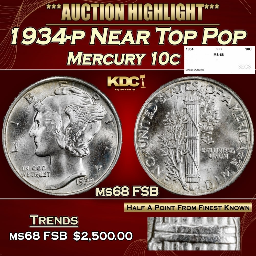 1934-p Mercury Dime Near Top Pop 10c ms68 FSB SEGS: 1934-p Near Top Pop Mercury Dime 10c ms68 FSB SEGS. 0