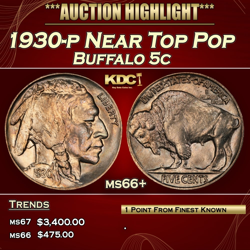 1930-p Buffalo Nickel Near Top Pop 5c ms66+ SEGS: 1930-p Near Top Pop Buffalo Nickel 5c ms66+ SEGS.