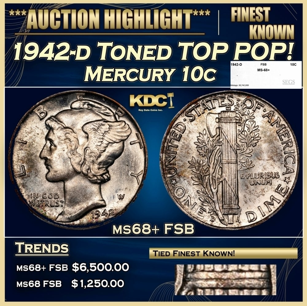 1942-d Mercury Dime Toned TOP POP! 10c ms68+ FSB SEGS: 1942-d Toned TOP POP! Mercury Dime 10c ms68+ FSB SEGS. 0 Historic precious metal trends is causing increased spot pricing by the day. On auctions with set openings, we are doing our best to have items