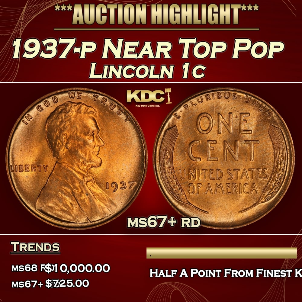 1937-p Lincoln Cent Near Top Pop 1c ms67+ rd SEGS: 1937-p Near Top Pop Lincoln Cent 1c ms67+ rd SEGS. 0