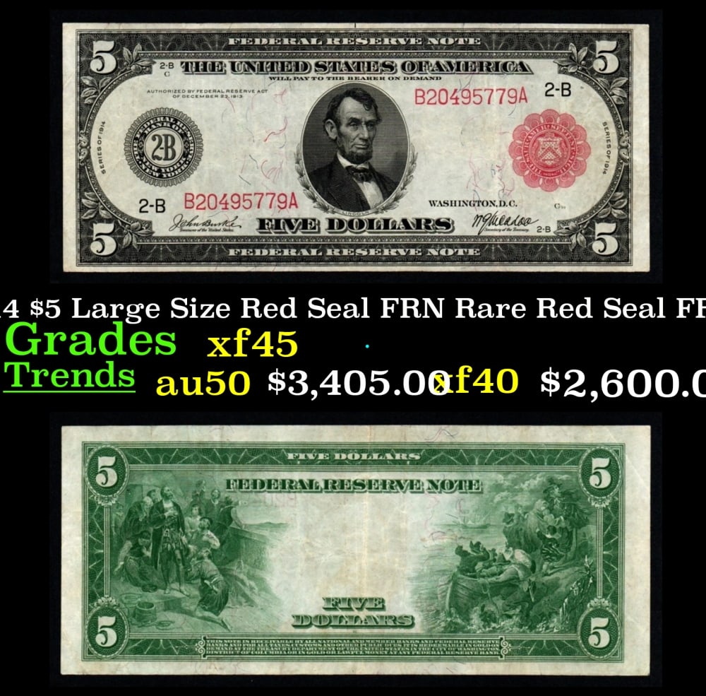 1914 $5 Large Size Red Seal FRN Rare Red Seal Grades xf+ FR-833 (1 of 3)