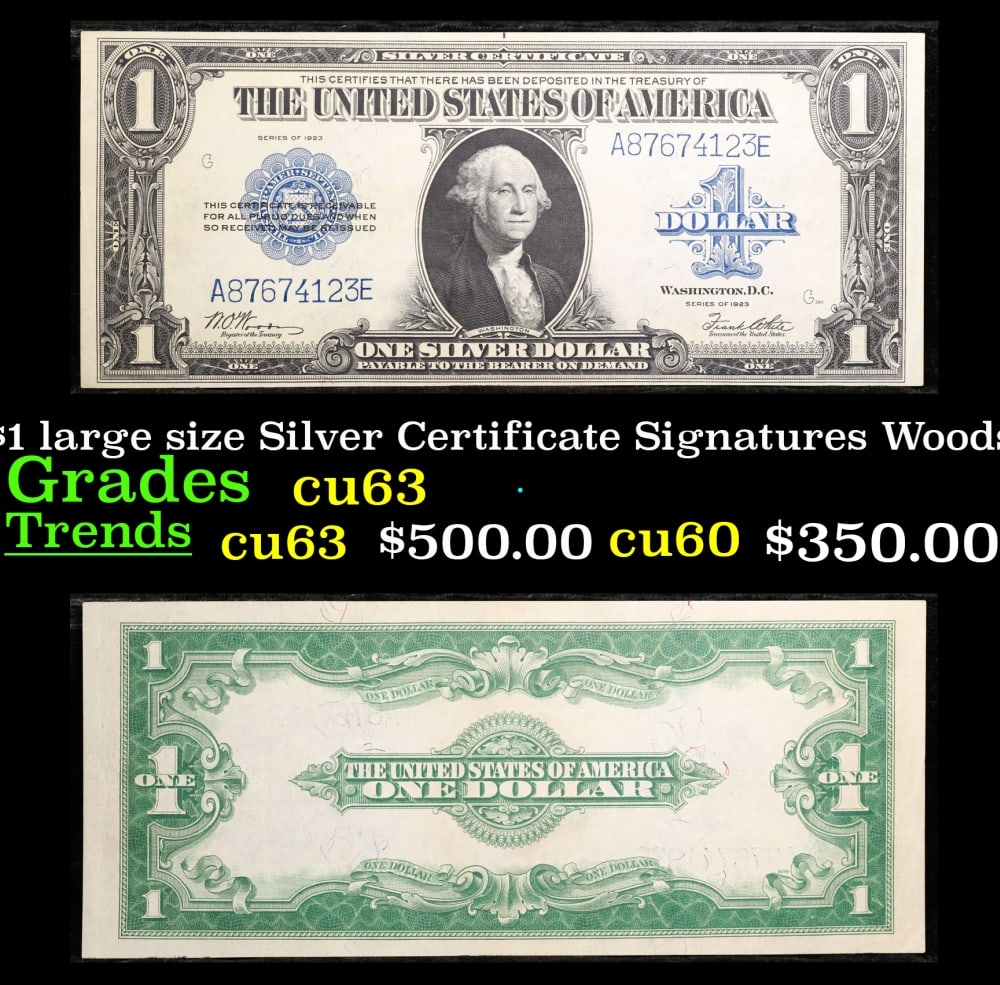 1923 $1 large size Silver Certificate Grades Select CU Signatures Woods/White: 1923 $1 large size Silver Certificate Grades Select CU Signatures Woods/White. Fr-238 The term “horse blanket” gets used a lot when talking about large size currency. It is most frequently use