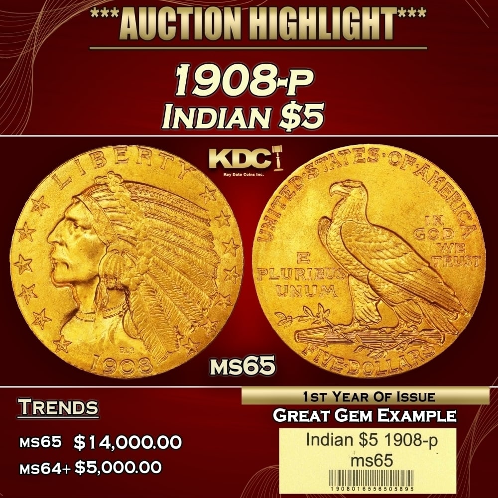 1908-p Gold Indian Half Eagle $5 ms65 USCG: 1908-p Gold Indian Half Eagle $5 ms65 USCG. Always in demand as the first issue of its design type, the 1908 Indian half eagle was widely saved as souvenirs. Only a few examples survived in high Mint 