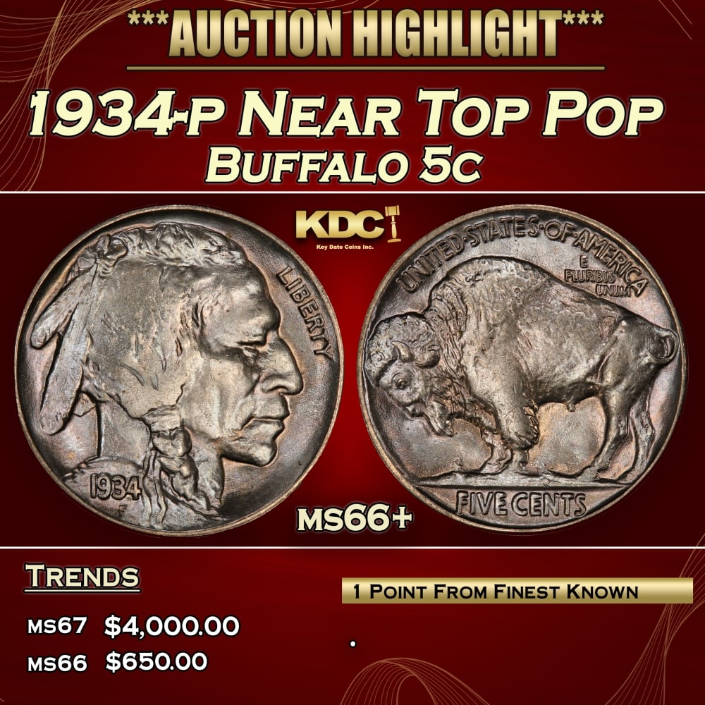 1934-p Buffalo Nickel Near Top Pop 5c ms66+ SEGS: 1934-p Near Top Pop Buffalo Nickel 5c ms66+ SEGS.