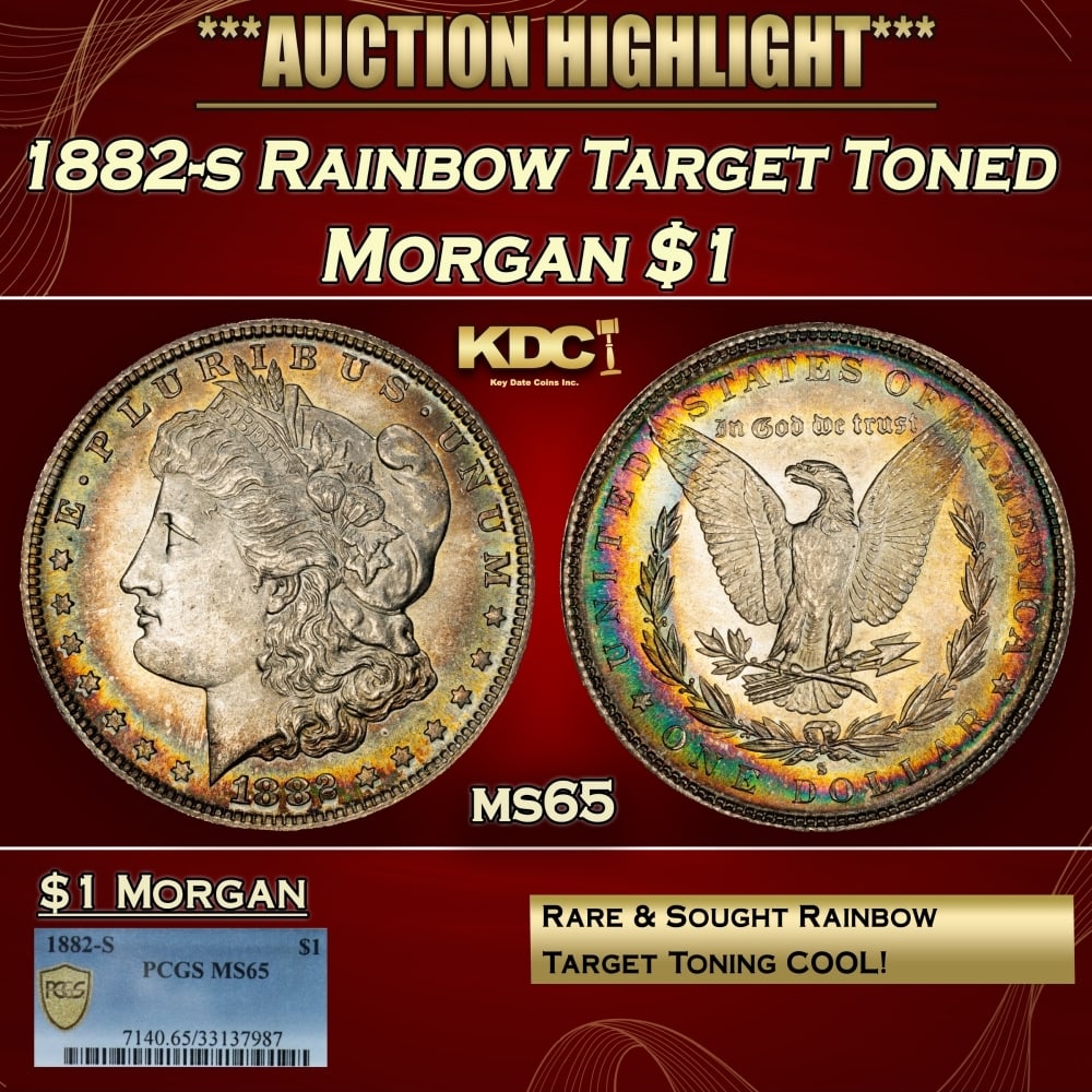 PCGS 1882-s Morgan Dollar Rainbow Target Toned $1 ms65 PCGS: PCGS 1882-s Rainbow Target Toned Morgan Dollar $1 ms65 PCGS. 0