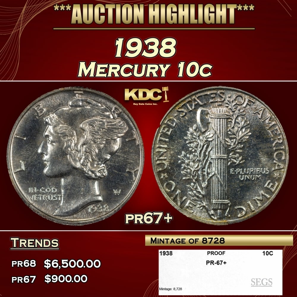 1938 Proof Mercury Dime 10c pr67+ SEGS: 1938 Mercury Dime 10c pr67+ SEGS. 0