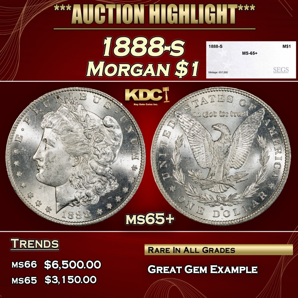1888-s Morgan Dollar $1 ms65+ SEGS: 1888-s Morgan Dollar $1 ms65+ SEGS. 0