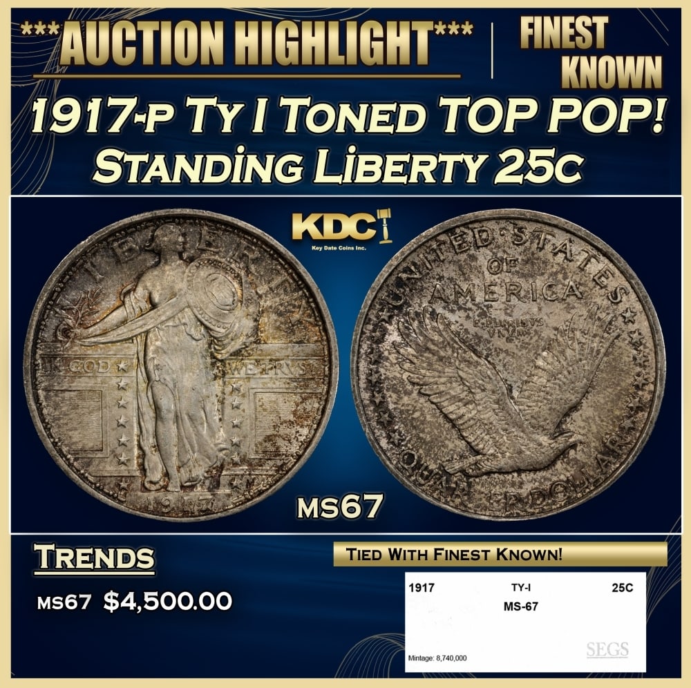 1917-p Ty I Standing Liberty Quarter Toned TOP POP! 25c ms67 SEGS: 1917-p Ty I Toned TOP POP! Standing Liberty Quarter 25c ms67 SEGS. 0